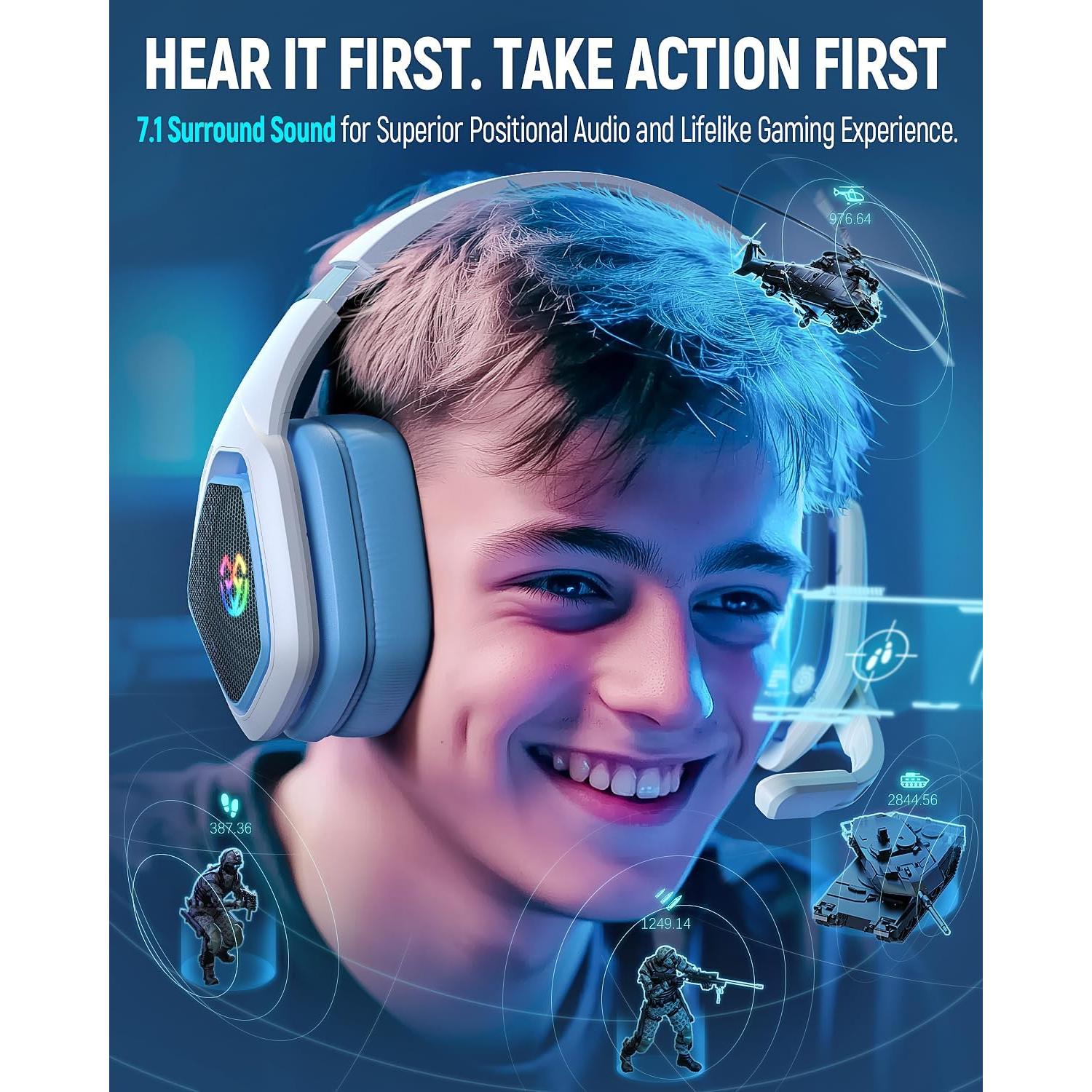 Wireless Gaming Headset for PC, Ps5, Ps4, 2.4 Ghz USB & Type-C Gaming Headphones with Microphone, 30H Battery Bluetooth Headphones for Switch, Laptop, Mobile, Mac (Blue White)