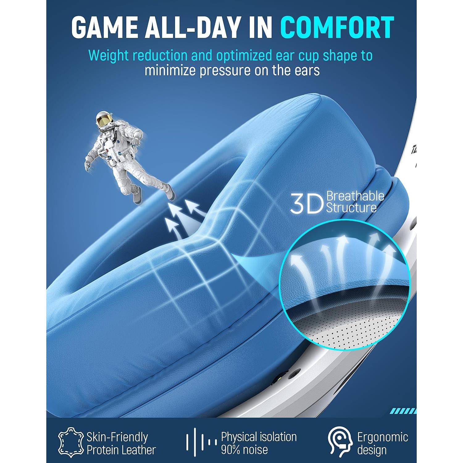 Wireless Gaming Headset for PC, Ps5, Ps4, 2.4 Ghz USB & Type-C Gaming Headphones with Microphone, 30H Battery Bluetooth Headphones for Switch, Laptop, Mobile, Mac (Blue White)