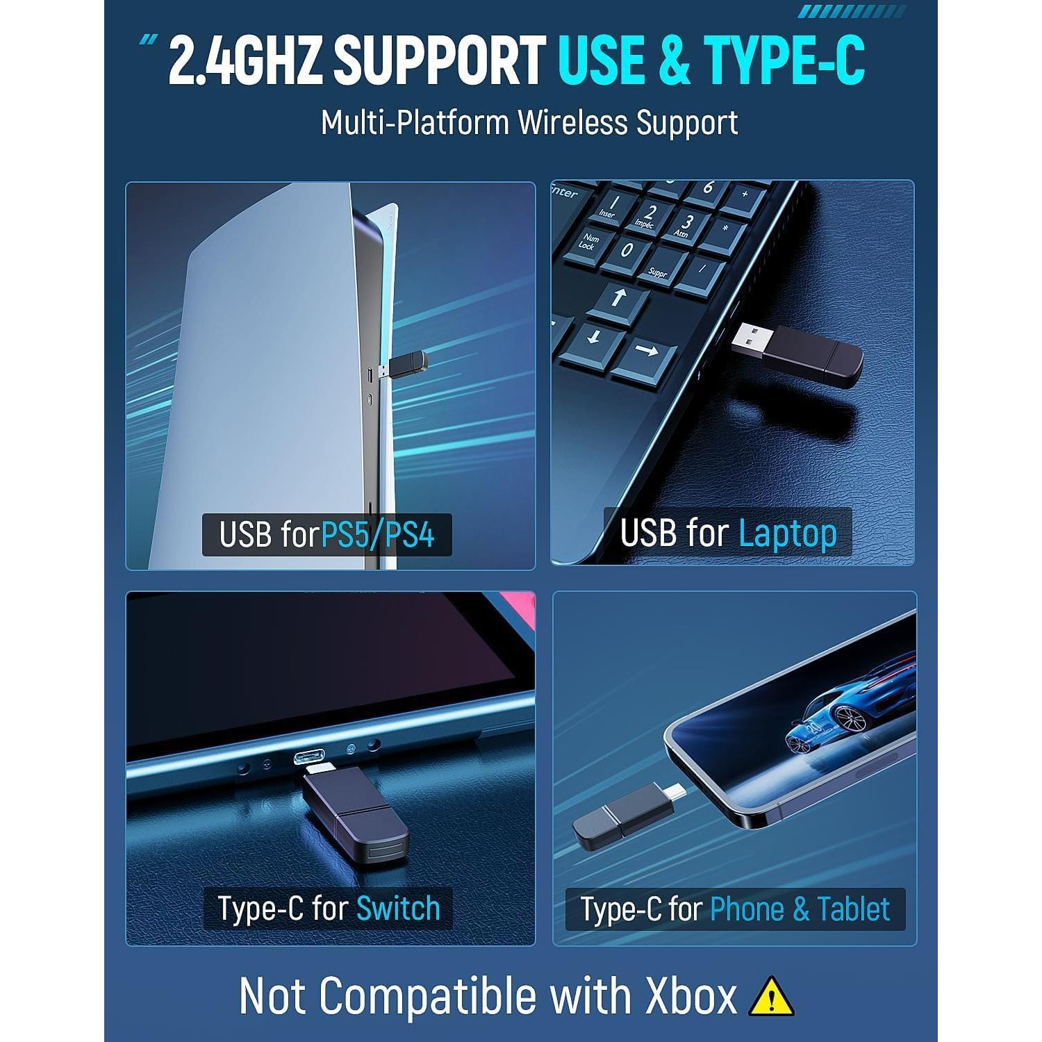 Wireless Gaming Headset for PC, Ps5, Ps4, 2.4 Ghz USB & Type-C Gaming Headphones with Microphone, 30H Battery Bluetooth Headphones for Switch, Laptop, Mobile, Mac (Blue White)