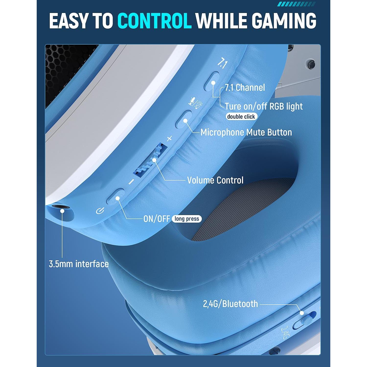 Wireless Gaming Headset for PC, Ps5, Ps4, 2.4 Ghz USB & Type-C Gaming Headphones with Microphone, 30H Battery Bluetooth Headphones for Switch, Laptop, Mobile, Mac (Blue White)