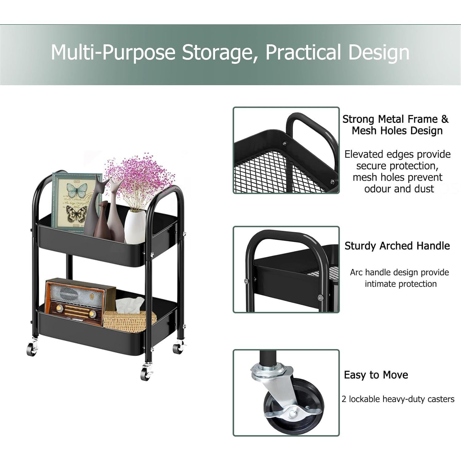 Carro de Almacenamiento Rodante Melody House 2 Niveles Negro