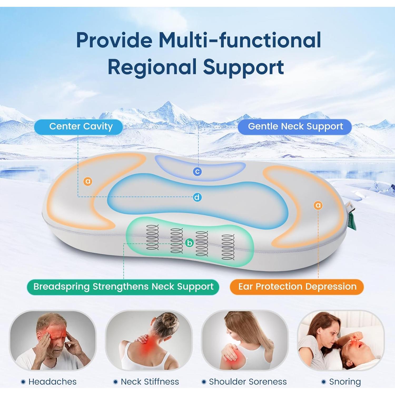 Elegear Deep Sleep Cooling Neck Pillow, Cervical Neck Support Pillow for Pain Relief with Zero-Pressure Tech & Built-in Springs Design, Ergonomic Contour Memory Foam Pillows for Back&Side Sleepers - M