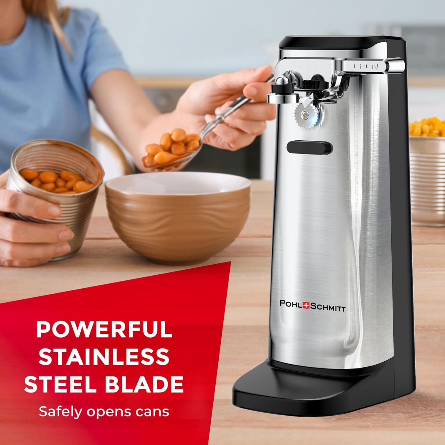 POHL SCHMITT Electric Can Opener, Knife Sharpener & Bottle Opener, Easy Push Down Lever, Works with Standard And Pop-Top Cans, Durable Stainless Steel & ABS - Kitchen Essentials and Accessories