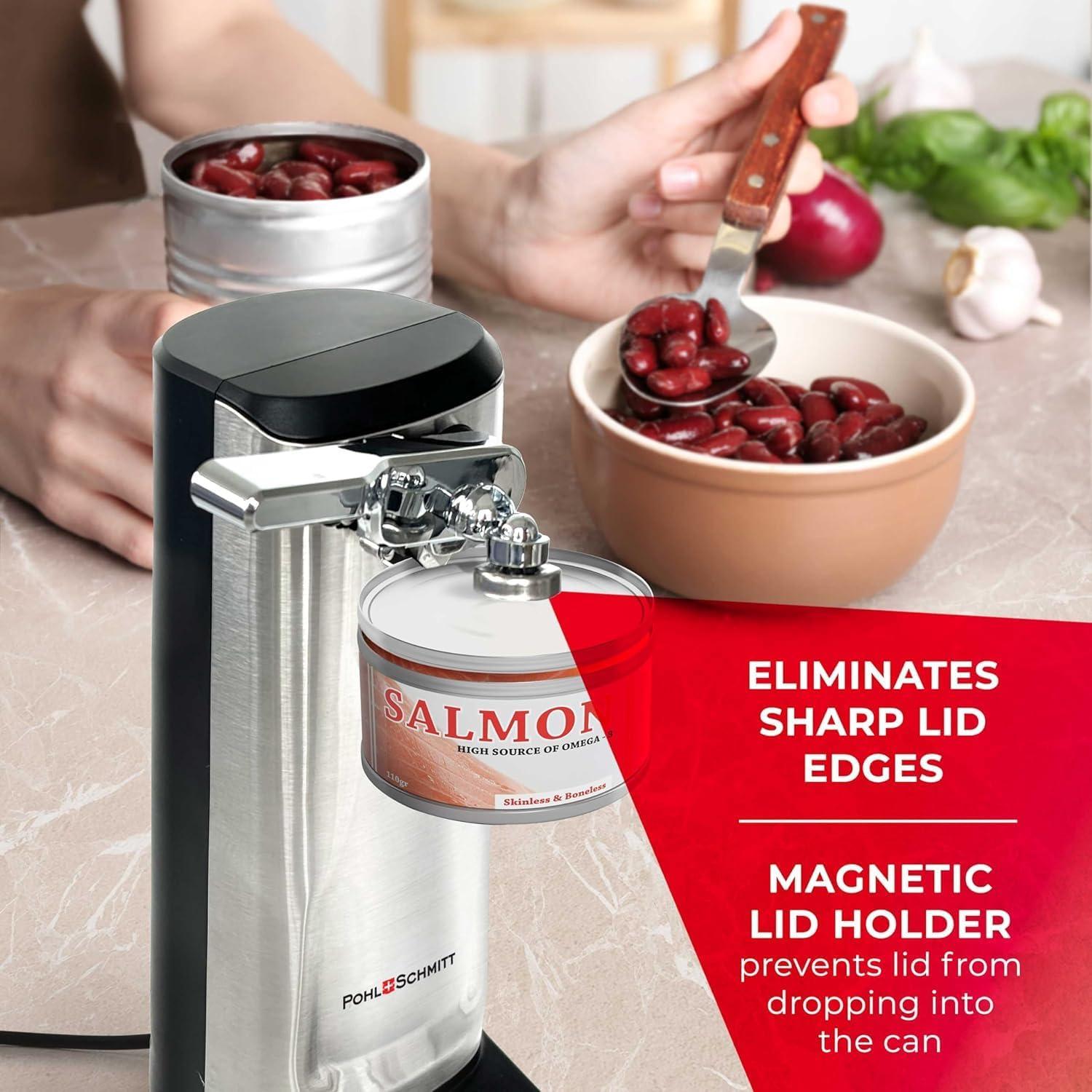POHL SCHMITT Electric Can Opener, Knife Sharpener & Bottle Opener, Easy Push Down Lever, Works with Standard And Pop-Top Cans, Durable Stainless Steel & ABS - Kitchen Essentials and Accessories
