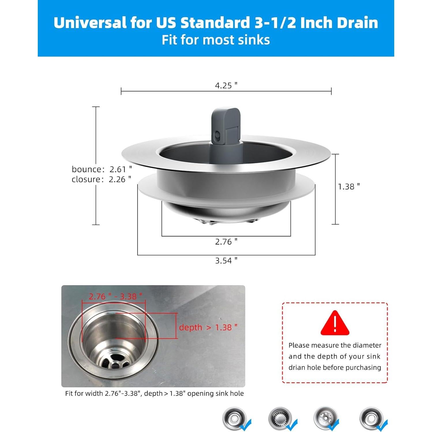 Colador y Tapón de Drenaje Hibbent Acero Inoxidable 3 en 1 8.9 cm