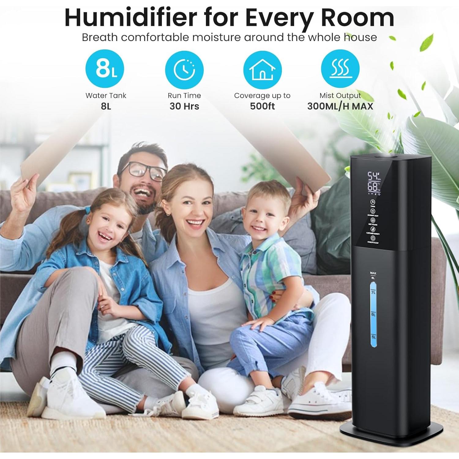 Humidificador Ultrasónico Honovos 8L Negro 3 Velocidades Luz LED