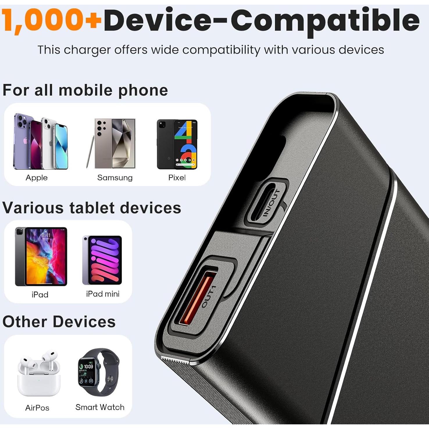 Portable Charger, 22.5W 20000mAh Super Fast Charging Power Bank with Detachable USB C Cable, Metal Case Battery Pack, Airline Approved Travel Essential for iPhone 16 15 14 13 iPad Samsung Google etc