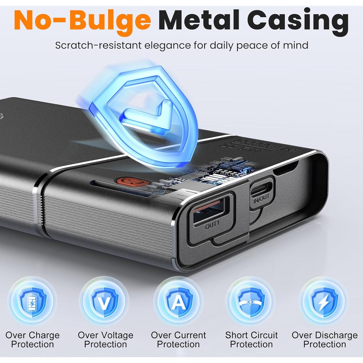 Portable Charger, 22.5W 20000mAh Super Fast Charging Power Bank with Detachable USB C Cable, Metal Case Battery Pack, Airline Approved Travel Essential for iPhone 16 15 14 13 iPad Samsung Google etc