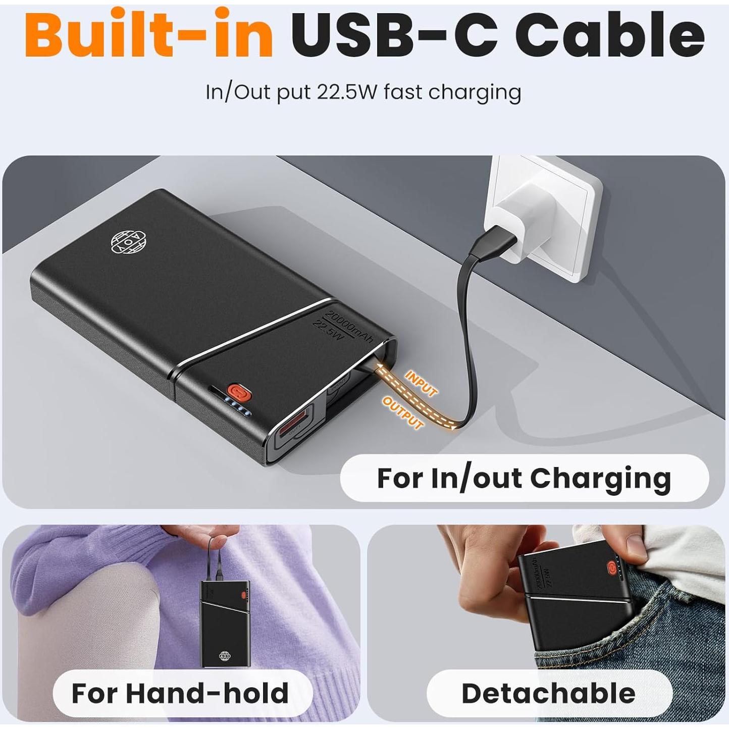 Portable Charger, 22.5W 20000mAh Super Fast Charging Power Bank with Detachable USB C Cable, Metal Case Battery Pack, Airline Approved Travel Essential for iPhone 16 15 14 13 iPad Samsung Google etc