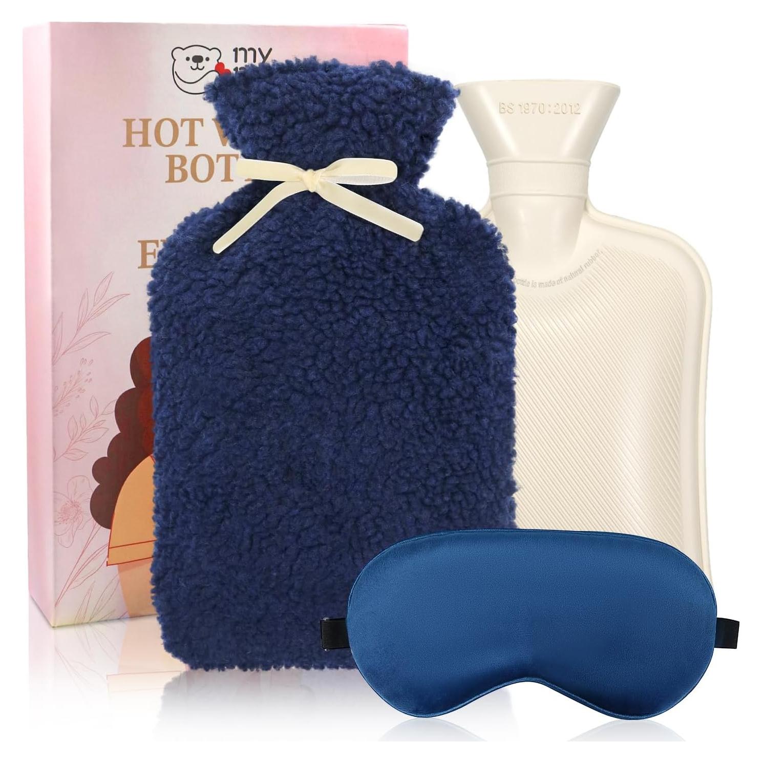 Botella de Agua Caliente 2L con Funda de Felpa Azul y Máscara
