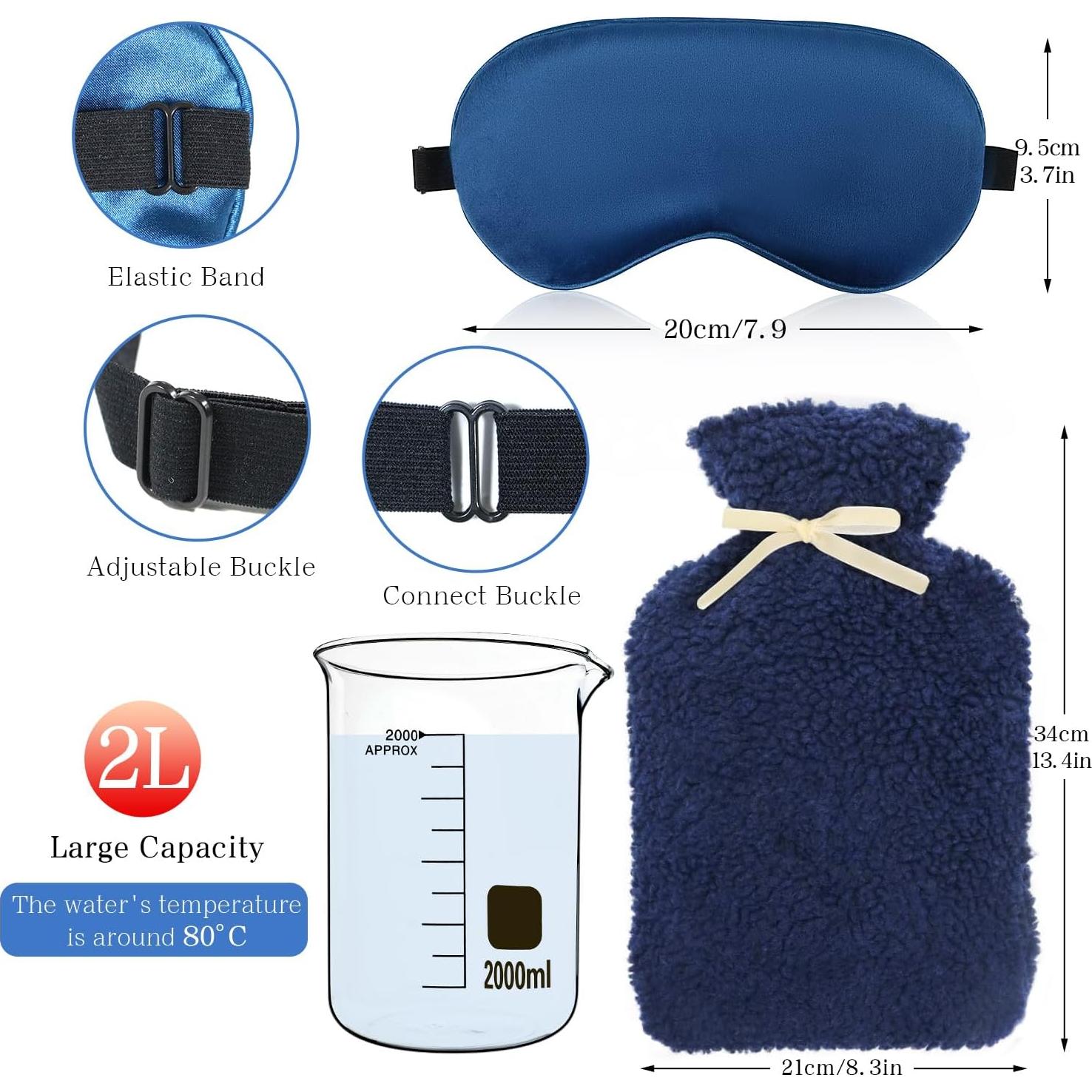 Botella de Agua Caliente 2L con Funda de Felpa Azul y Máscara