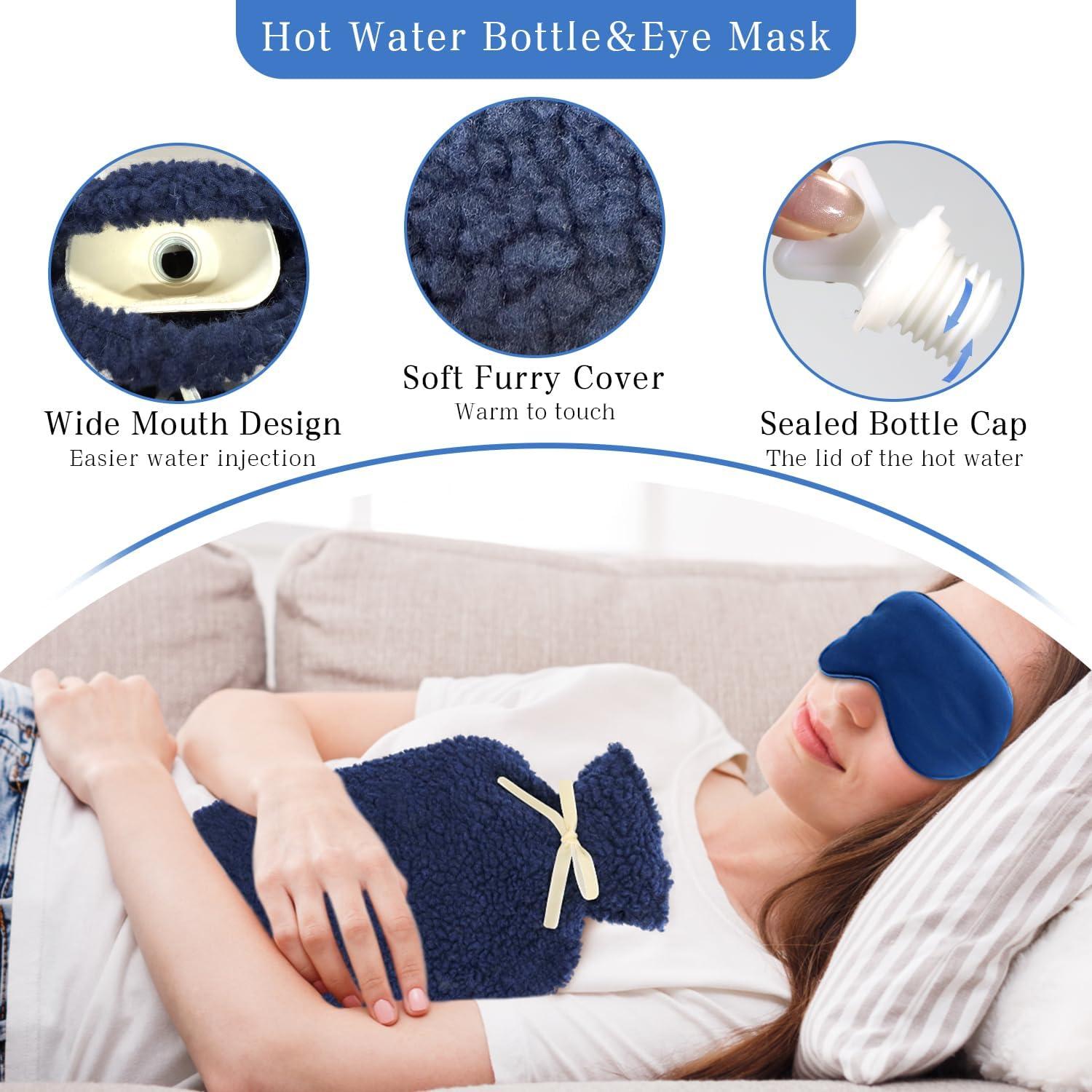 Botella de Agua Caliente 2L con Funda de Felpa Azul y Máscara