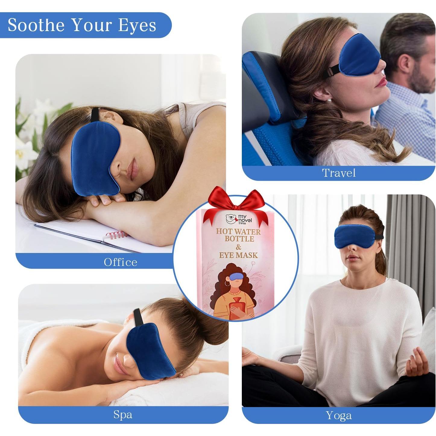 Botella de Agua Caliente 2L con Funda de Felpa Azul y Máscara