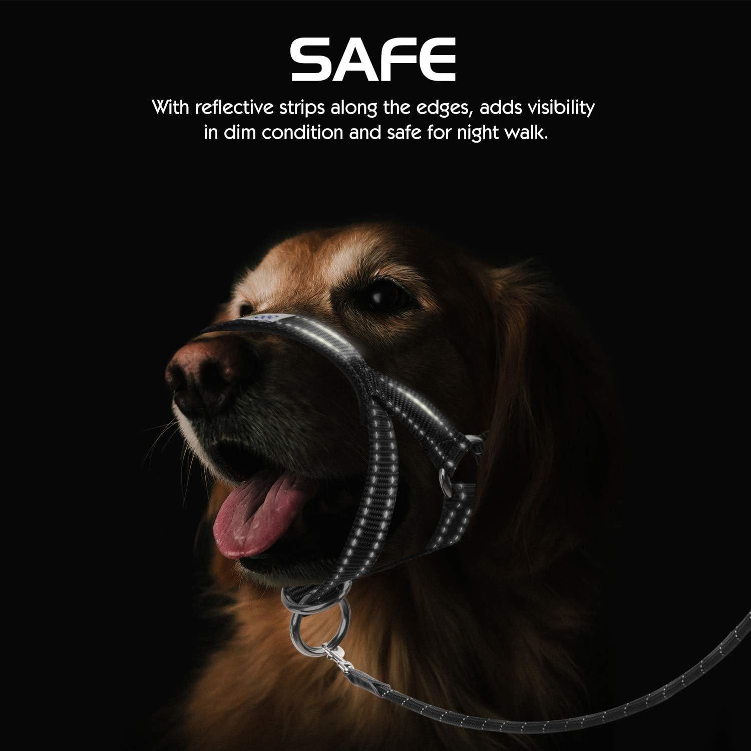 Pawaboo Dog Muzzle, Head Halter Collar for Dog, Pet Nylon Reflective Adjustable Loop Anti-Biting Barking Control Easy Fit Dogs Stops Dogs Pulling Head Leash, Small Size, Black