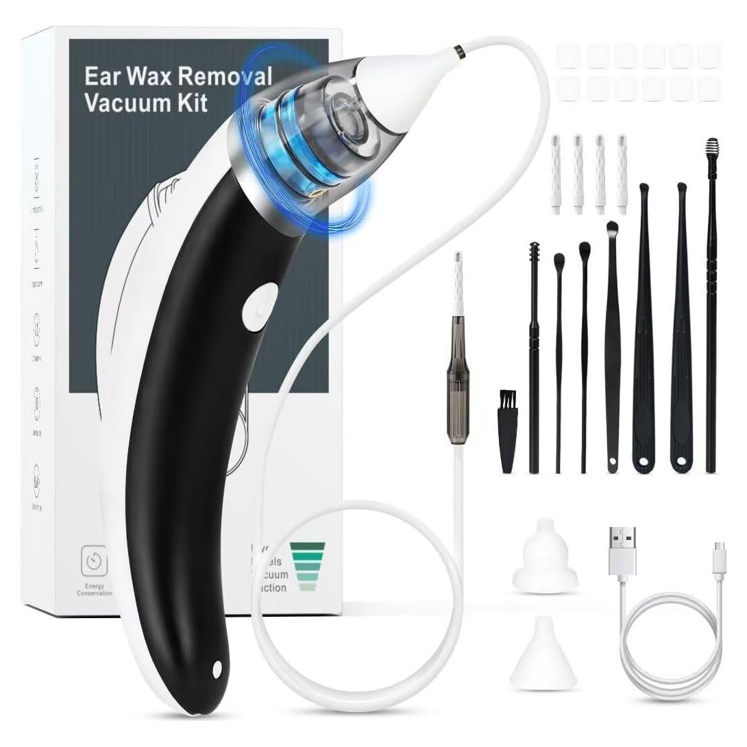 Ear Vacuum Ear Wax Removal Kit with 5 Levels Strong Suction, USB Rechargeable Reusable Electric Ear Suction Vacuum Tool for Adults and Kids (Black)