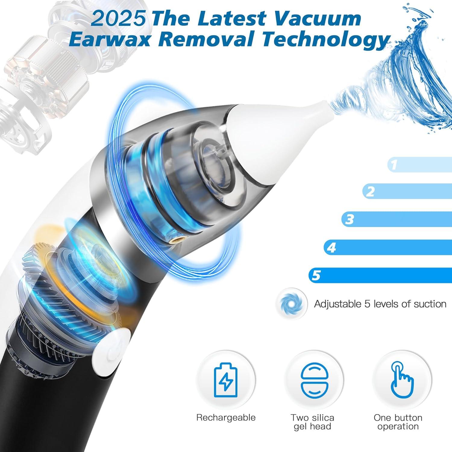 Ear Vacuum Ear Wax Removal Kit with 5 Levels Strong Suction, USB Rechargeable Reusable Electric Ear Suction Vacuum Tool for Adults and Kids (Black)