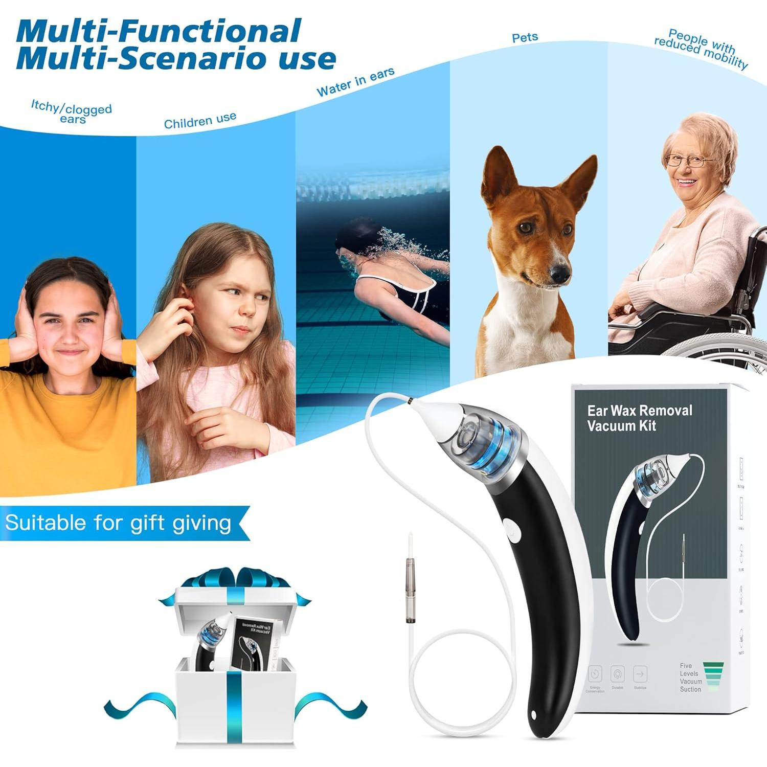 Ear Vacuum Ear Wax Removal Kit with 5 Levels Strong Suction, USB Rechargeable Reusable Electric Ear Suction Vacuum Tool for Adults and Kids (Black)