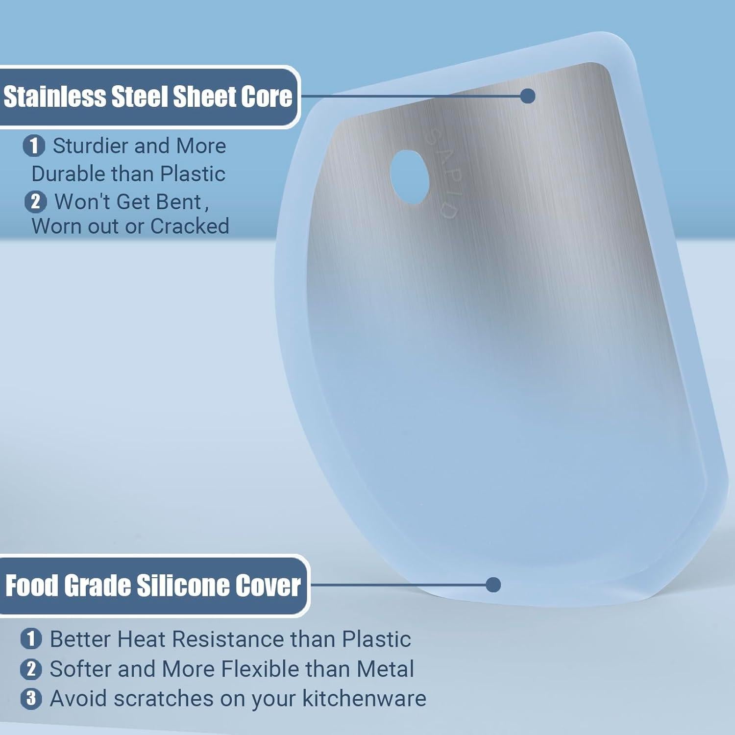 Silicone Dough Scraper with Stainless Steel Sheet, Curved Edge Flexible Bowl Scraper for Baking, Food Grade Silicone Bench Scraper for Sourdough Bread Proofing Basket, 5.98" × 4.3", Blue, SAPID