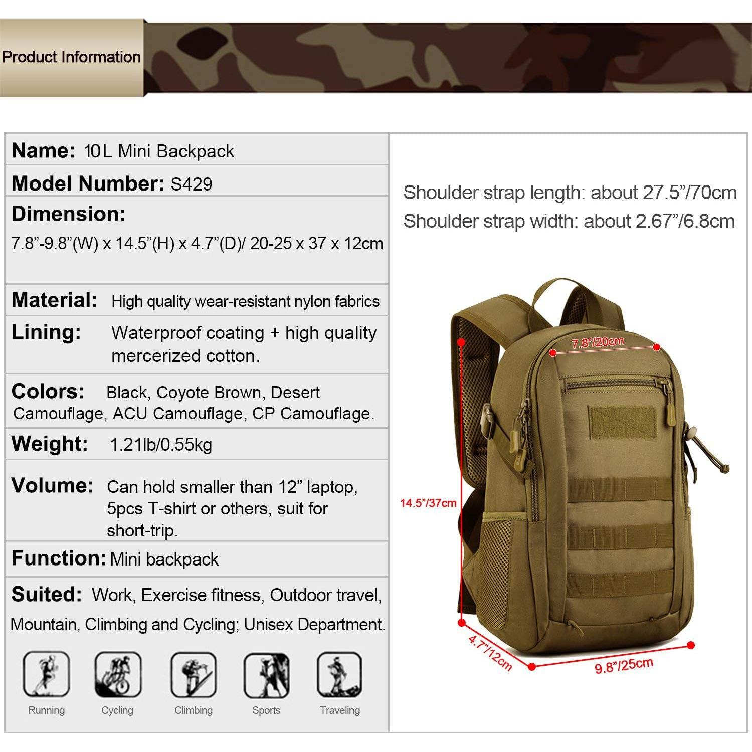 Mochila Táctica Huntvp 10L Marrón Oscuro MOLLE 24.89x37.10cm