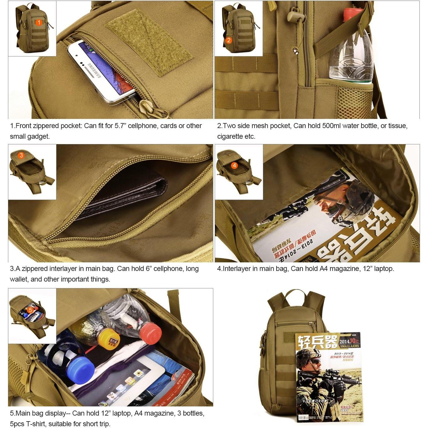 Mochila Táctica Huntvp 10L Marrón Oscuro MOLLE 24.89x37.10cm