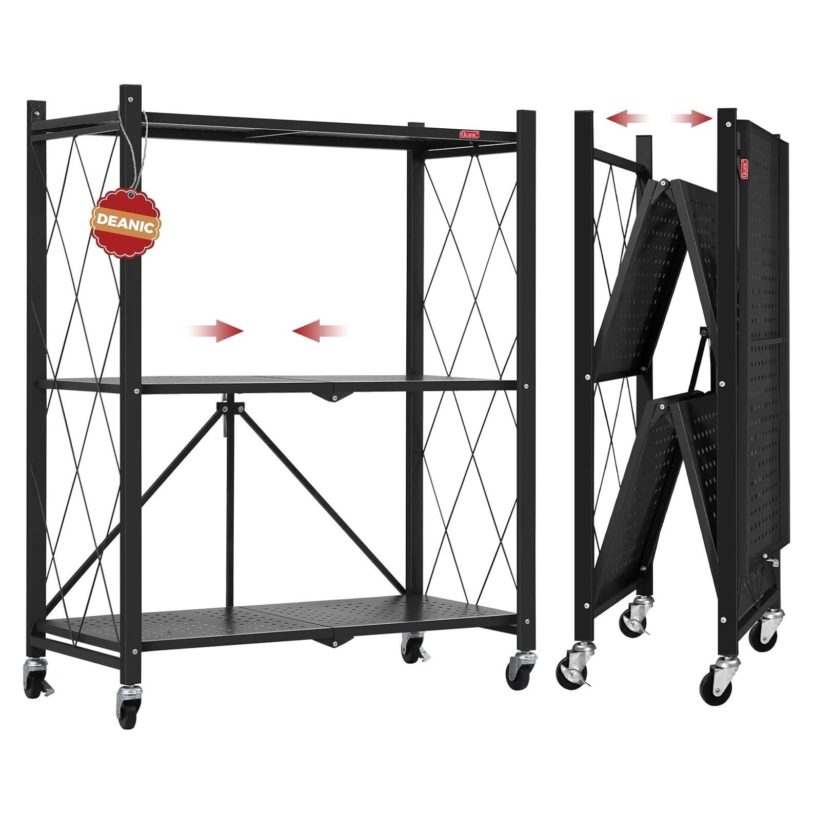 DEANIC 3 Tier Foldable Storage Shelves with Wheels, Kitchen Appliance Stand, Freestanding Metal Wire Shelf Rack, No Assembly Organizer Rolling Cart for Garage, Basement, Pantry(Black)