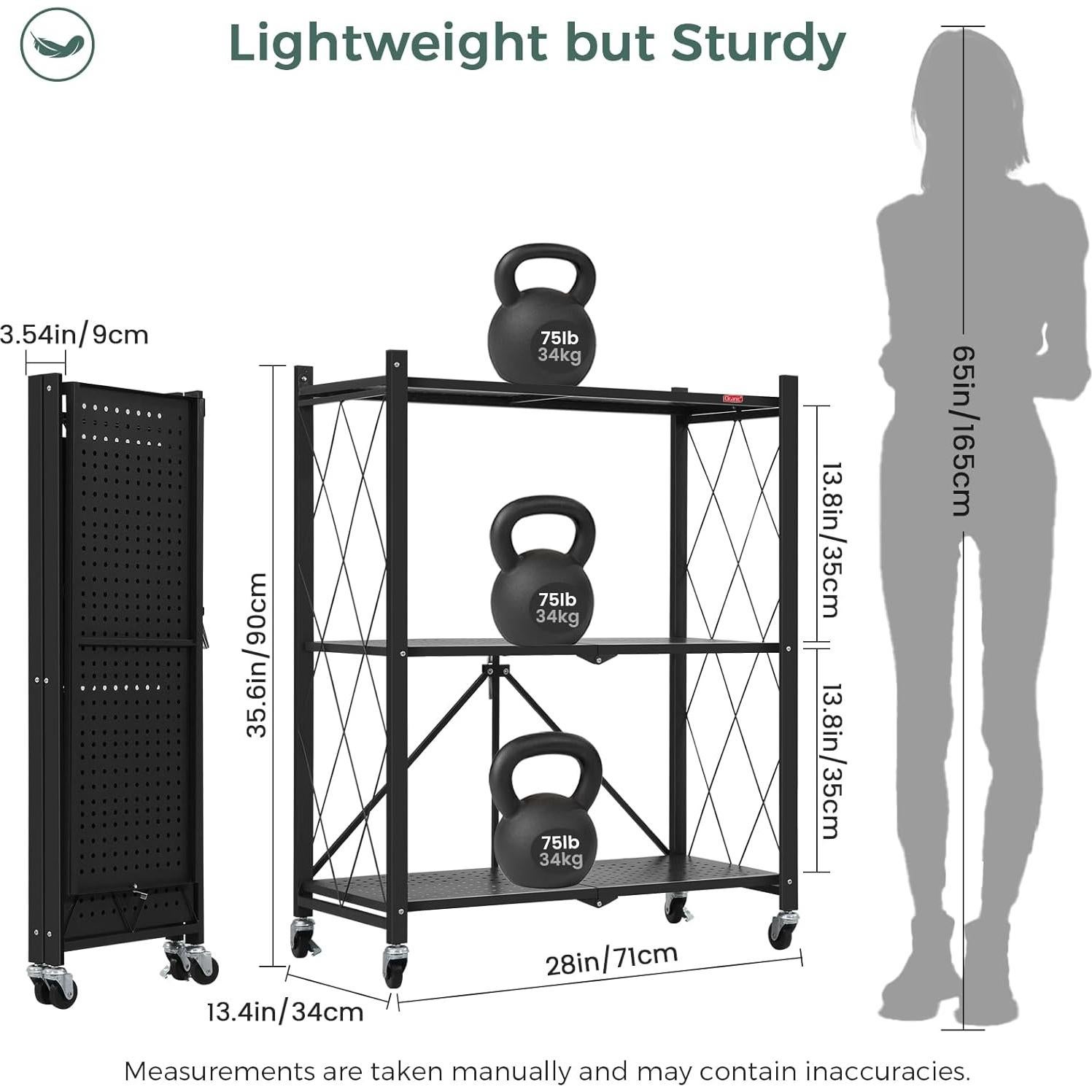 DEANIC 3 Tier Foldable Storage Shelves with Wheels, Kitchen Appliance Stand, Freestanding Metal Wire Shelf Rack, No Assembly Organizer Rolling Cart for Garage, Basement, Pantry(Black)