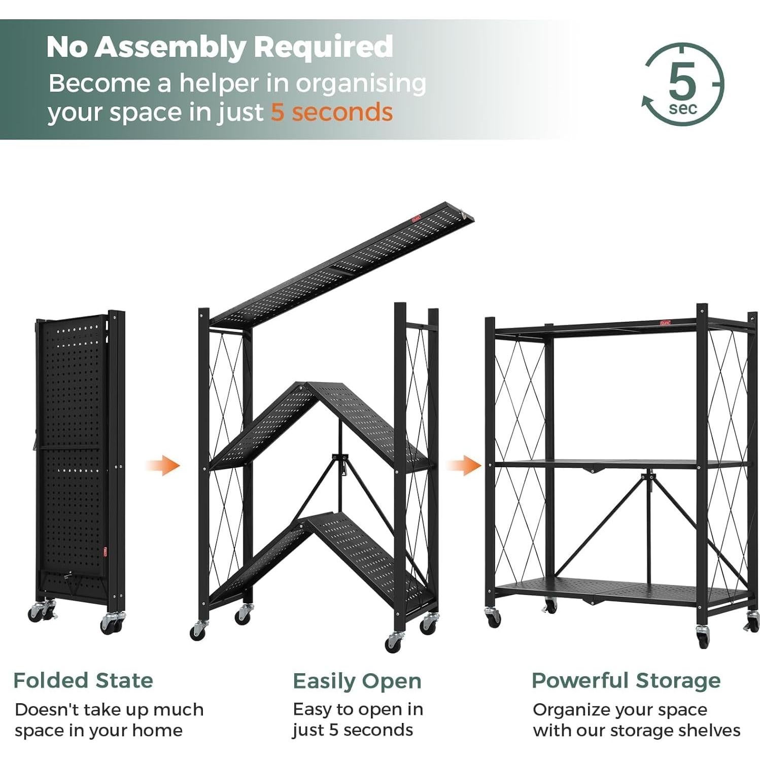 DEANIC 3 Tier Foldable Storage Shelves with Wheels, Kitchen Appliance Stand, Freestanding Metal Wire Shelf Rack, No Assembly Organizer Rolling Cart for Garage, Basement, Pantry(Black)