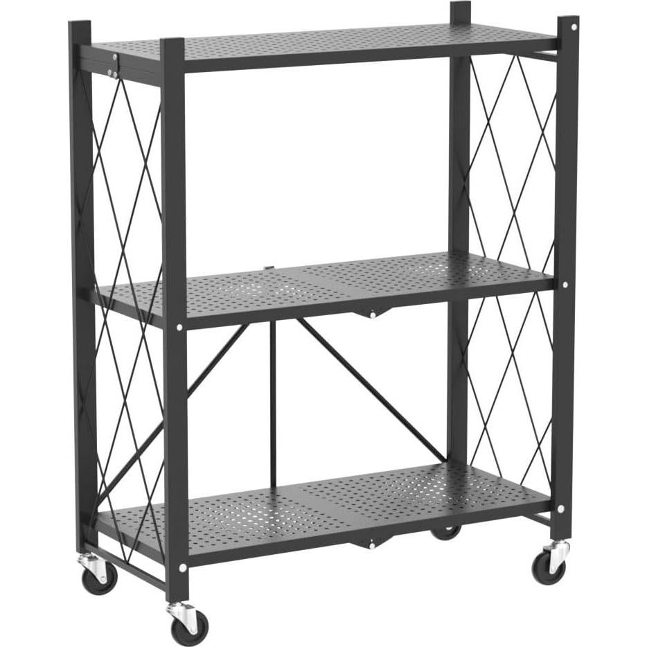 DEANIC 3 Tier Foldable Storage Shelves with Wheels, Kitchen Appliance Stand, Freestanding Metal Wire Shelf Rack, No Assembly Organizer Rolling Cart for Garage, Basement, Pantry(Black)