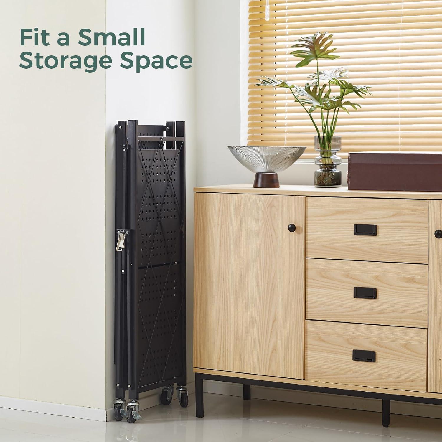 DEANIC 3 Tier Foldable Storage Shelves with Wheels, Kitchen Appliance Stand, Freestanding Metal Wire Shelf Rack, No Assembly Organizer Rolling Cart for Garage, Basement, Pantry(Black)