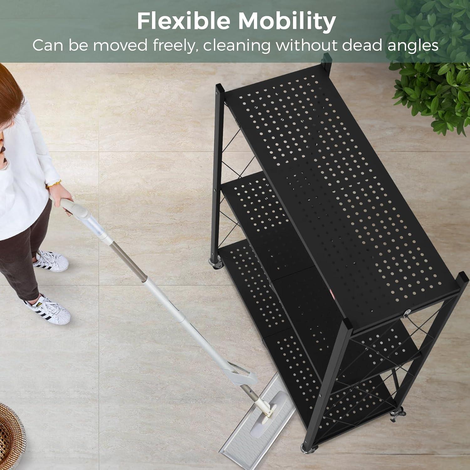 DEANIC 3 Tier Foldable Storage Shelves with Wheels, Kitchen Appliance Stand, Freestanding Metal Wire Shelf Rack, No Assembly Organizer Rolling Cart for Garage, Basement, Pantry(Black)