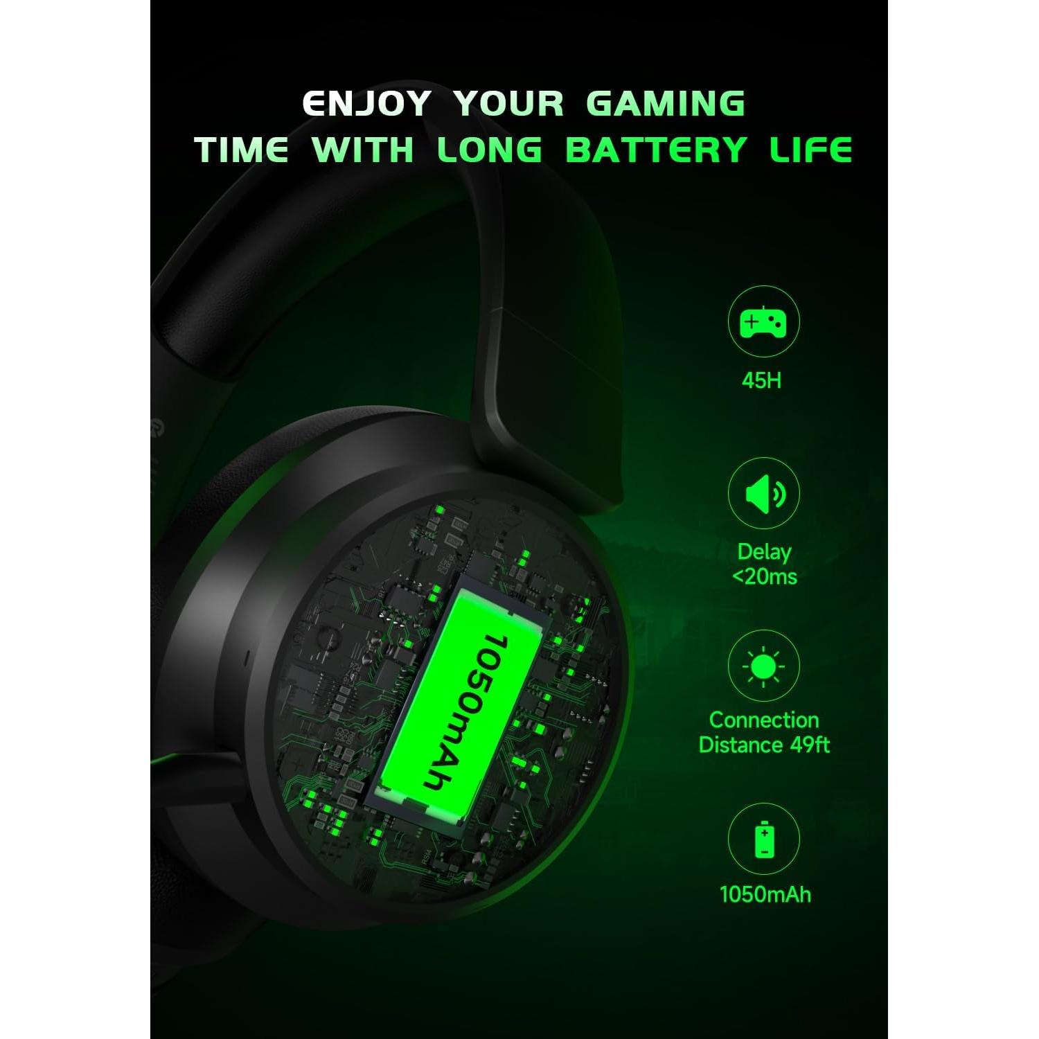RYR Wireless Gaming Headset for Xbox Series X|S, Xbox One, PS5, PS4, Mac, Bluetooth 5.3, 3D Surround Sound, Rotatable Earmuffs, Gaming Headphones with Noise Canceling Microphones-Blackgreen