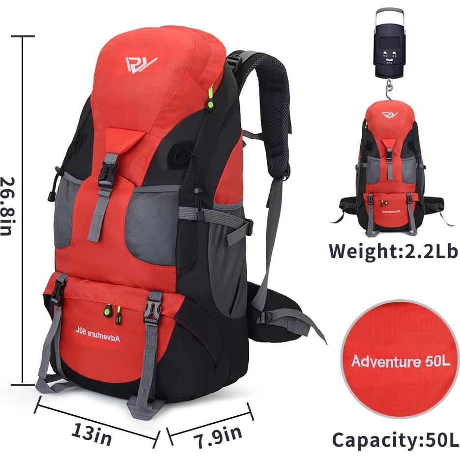 Mochila de Senderismo 50L Impermeable Rojo - Ligera y Espaciosa