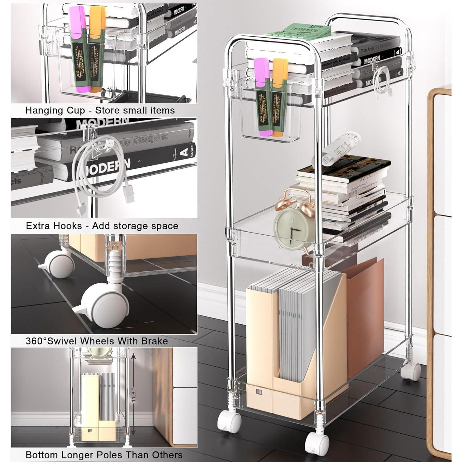 Carro de Almacenamiento Rodante Acrílico SPACEKEEPER 3 Niveles Transparente
