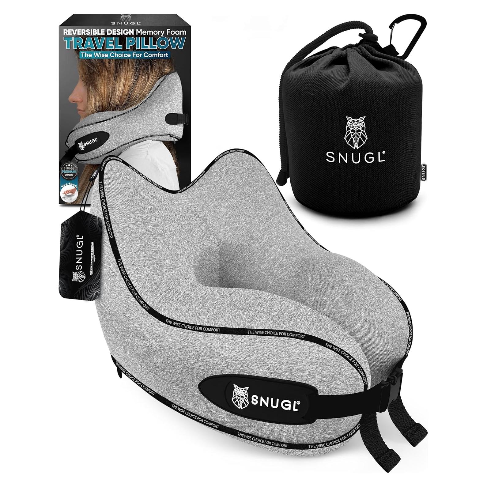 Almohada de Viaje SNUGL - Espuma Viscoelástica - Adulto Pequeño - Gris