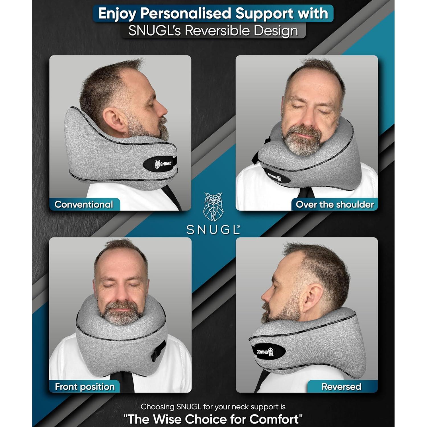 Almohada de Viaje SNUGL - Espuma Viscoelástica - Adulto Pequeño - Gris