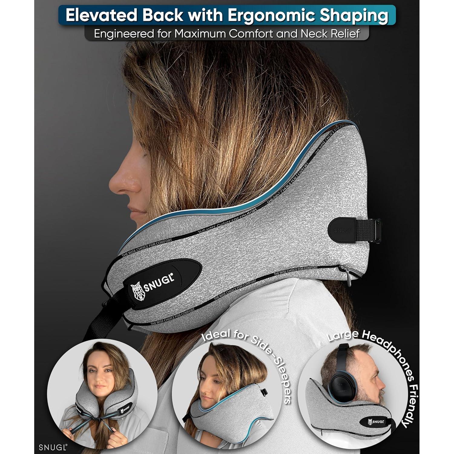 Almohada de Viaje SNUGL - Espuma Viscoelástica - Adulto Pequeño - Gris