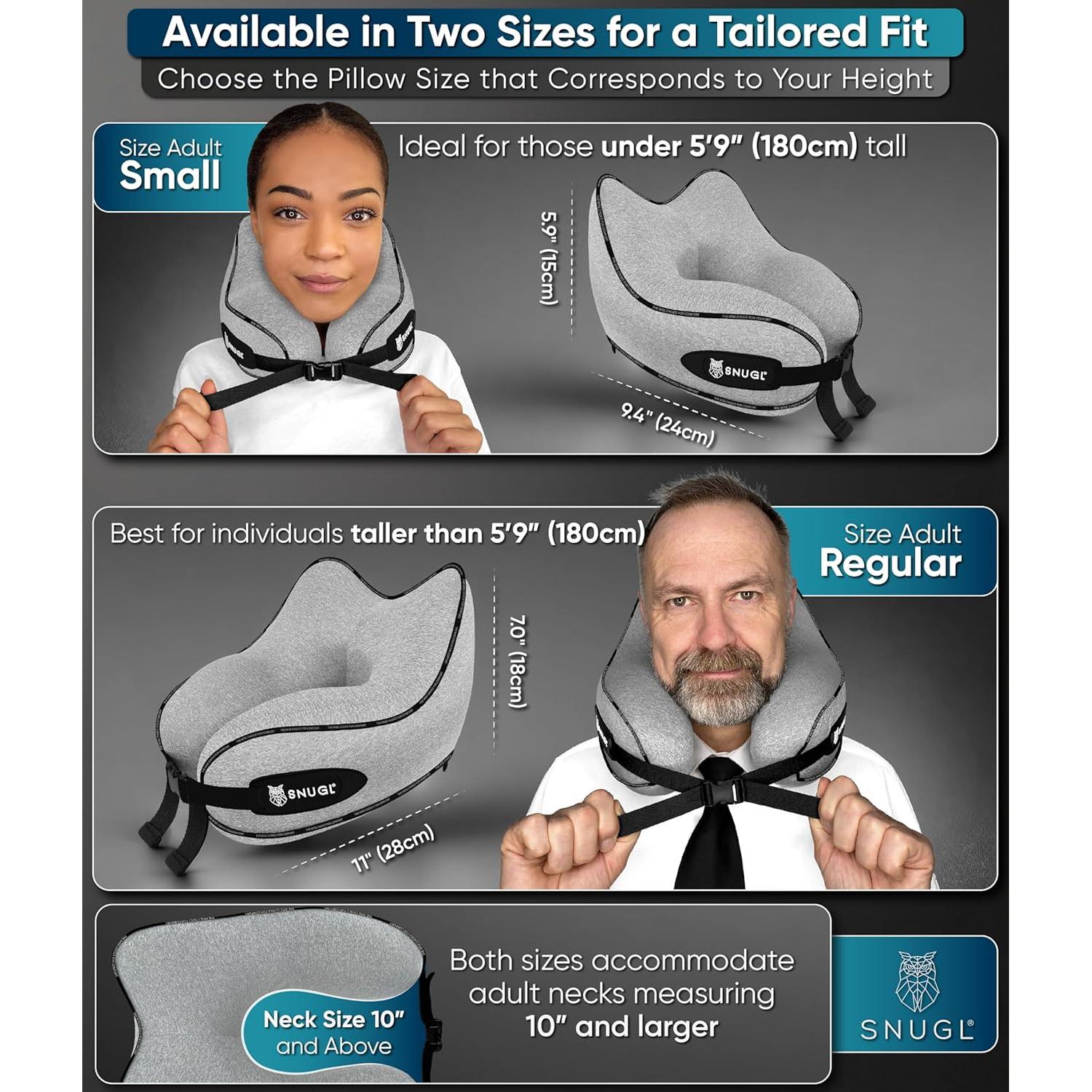 Almohada de Viaje SNUGL - Espuma Viscoelástica - Adulto Pequeño - Gris