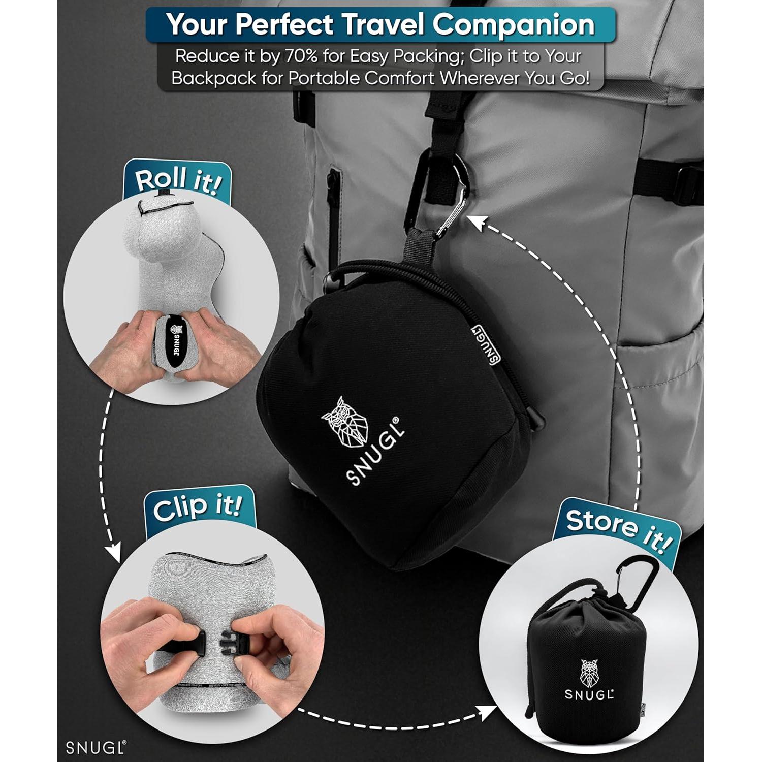 Almohada de Viaje SNUGL - Espuma Viscoelástica - Adulto Pequeño - Gris