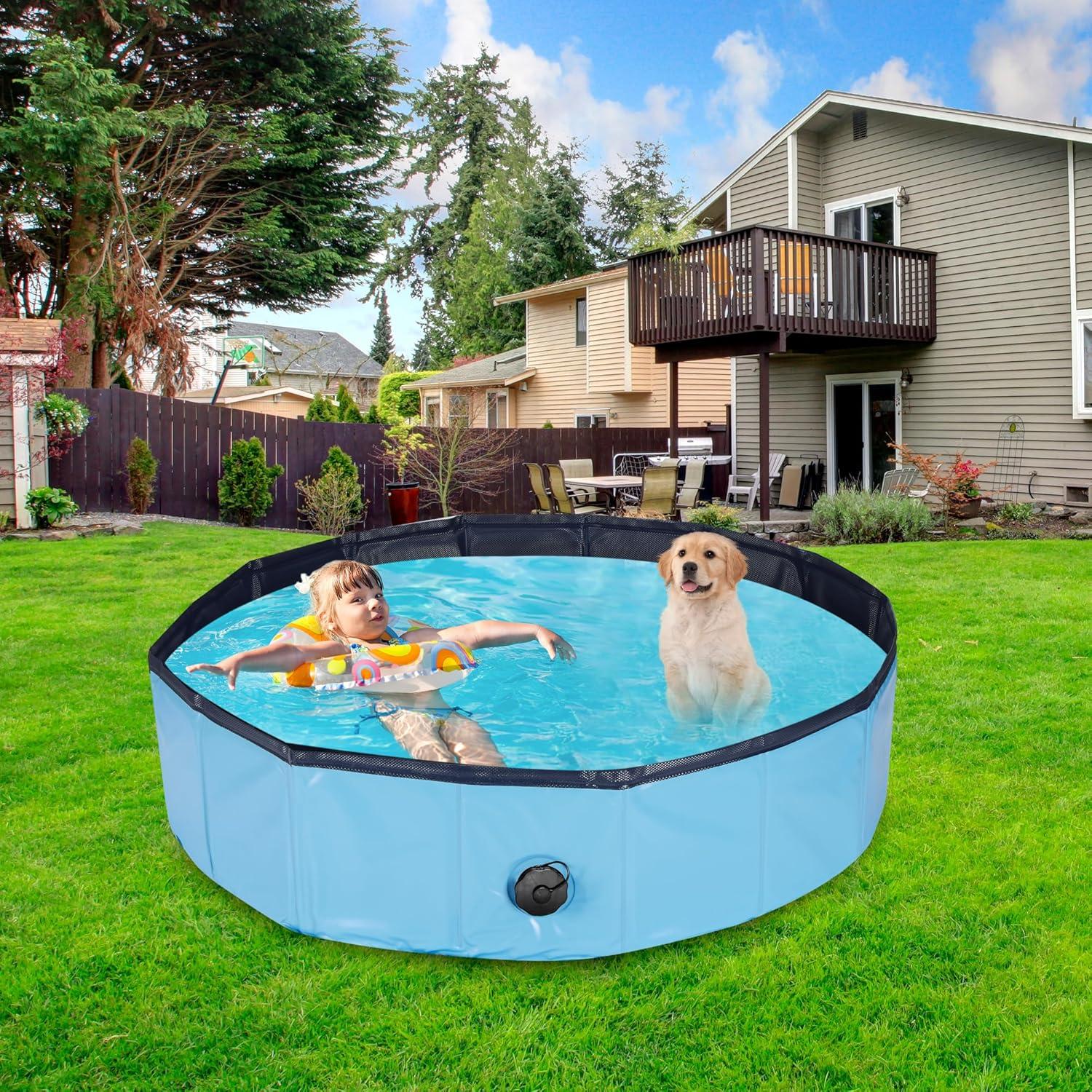 Senmortar Foldable Dog Pool Collapsible Pet Bath Swimming Pool Portable Bathing Tub for Pets and Dogs Outdoor Backyard, 31 x 8 Inches Blue