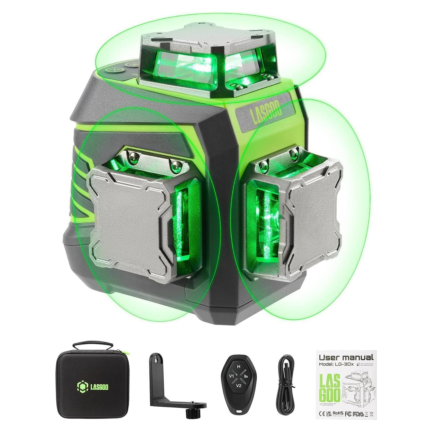 Laser Level 3x360° Self Leveling, 3D Green Cross Line Laser for Construction and Picture Hanging, Rechargeable Battery, Remote Control, Magnetic Rotating Stand Included - LG-3Dx