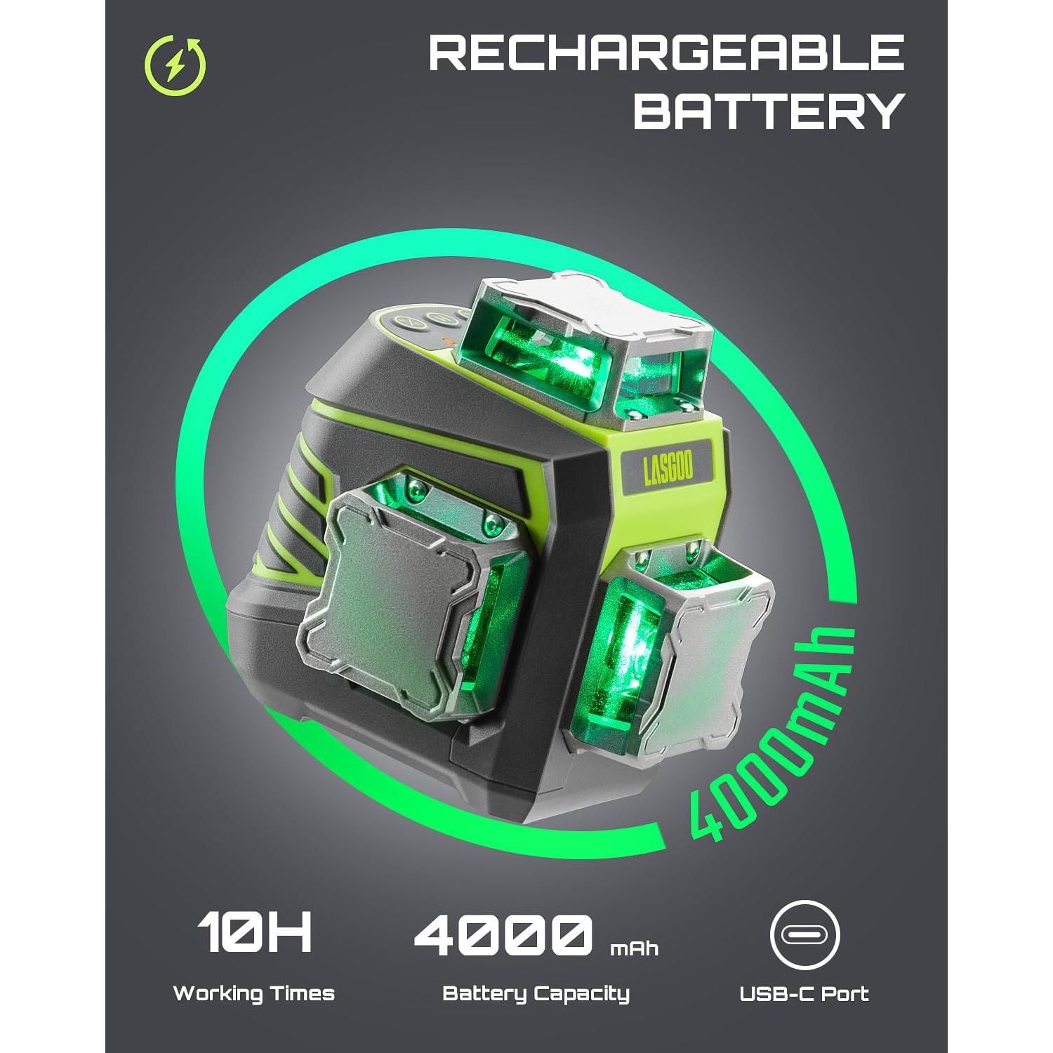 Laser Level 3x360° Self Leveling, 3D Green Cross Line Laser for Construction and Picture Hanging, Rechargeable Battery, Remote Control, Magnetic Rotating Stand Included - LG-3Dx