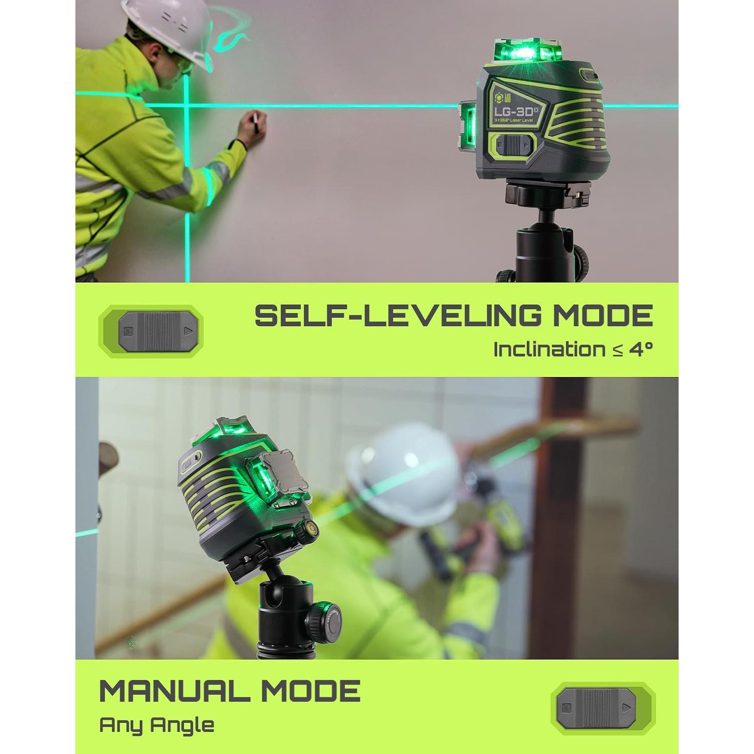 Laser Level 3x360° Self Leveling, 3D Green Cross Line Laser for Construction and Picture Hanging, Rechargeable Battery, Remote Control, Magnetic Rotating Stand Included - LG-3Dx