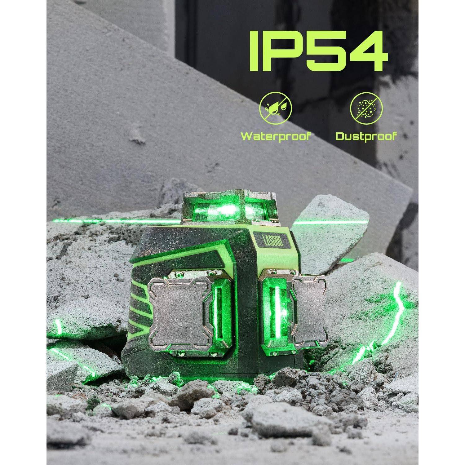 Laser Level 3x360° Self Leveling, 3D Green Cross Line Laser for Construction and Picture Hanging, Rechargeable Battery, Remote Control, Magnetic Rotating Stand Included - LG-3Dx