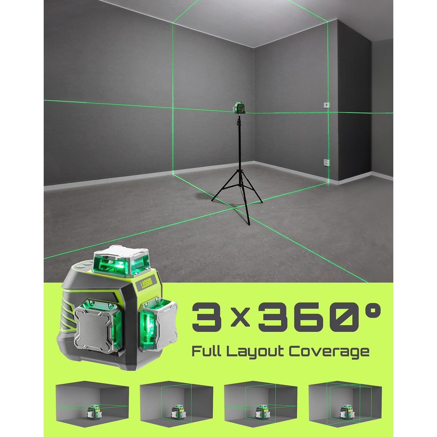 Laser Level 3x360° Self Leveling, 3D Green Cross Line Laser for Construction and Picture Hanging, Rechargeable Battery, Remote Control, Magnetic Rotating Stand Included - LG-3Dx