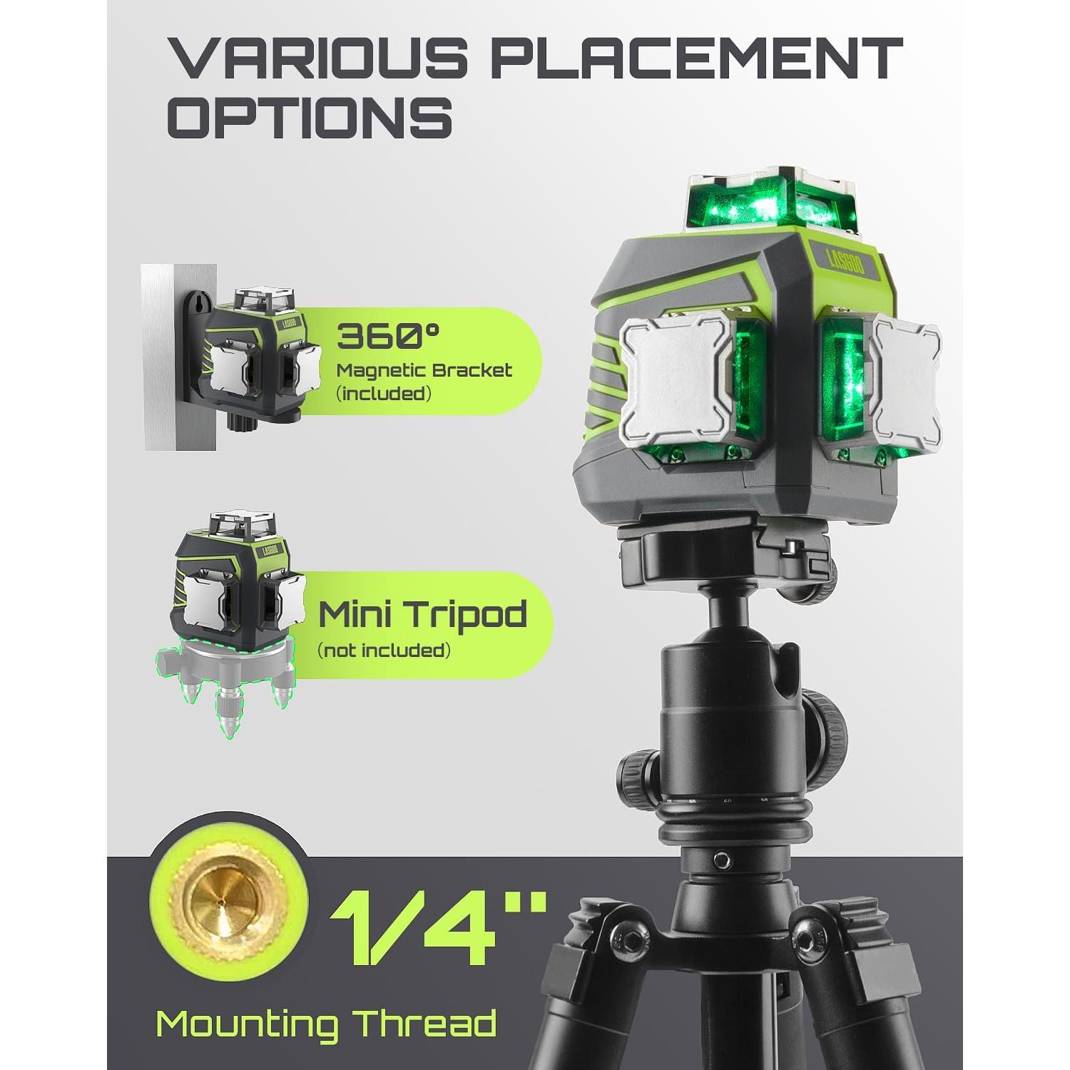 Laser Level 3x360° Self Leveling, 3D Green Cross Line Laser for Construction and Picture Hanging, Rechargeable Battery, Remote Control, Magnetic Rotating Stand Included - LG-3Dx
