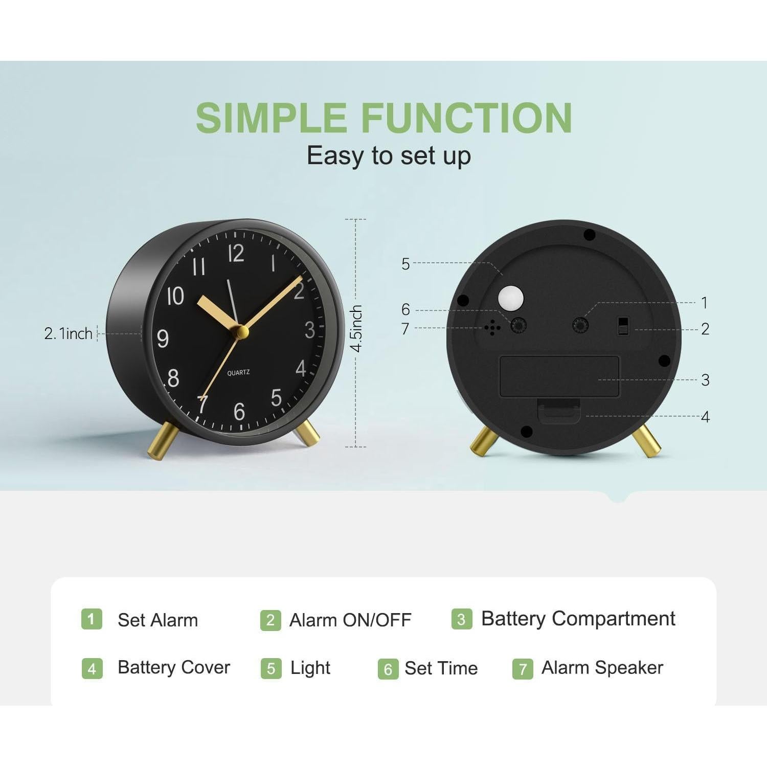 Reloj Despertador Analógico YouJabz Metal Negro Silencioso