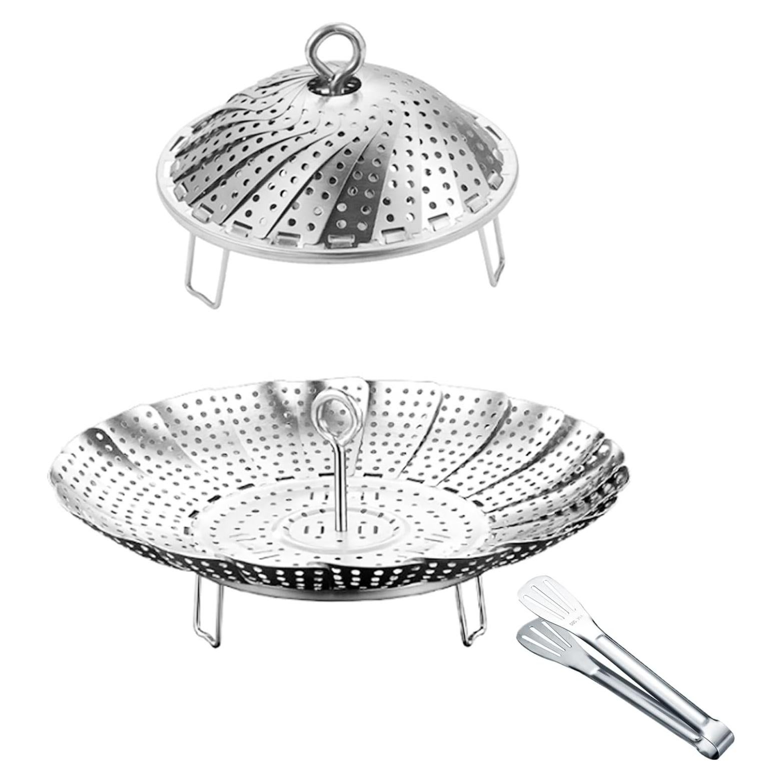 Vegetable Steamer Basket, 304 Stainless Steel Steamer for Cooking, Expendable Food Steamer to Fit Various Size Pot (5.7" to 9" + 7.3" Kitchen Tong)