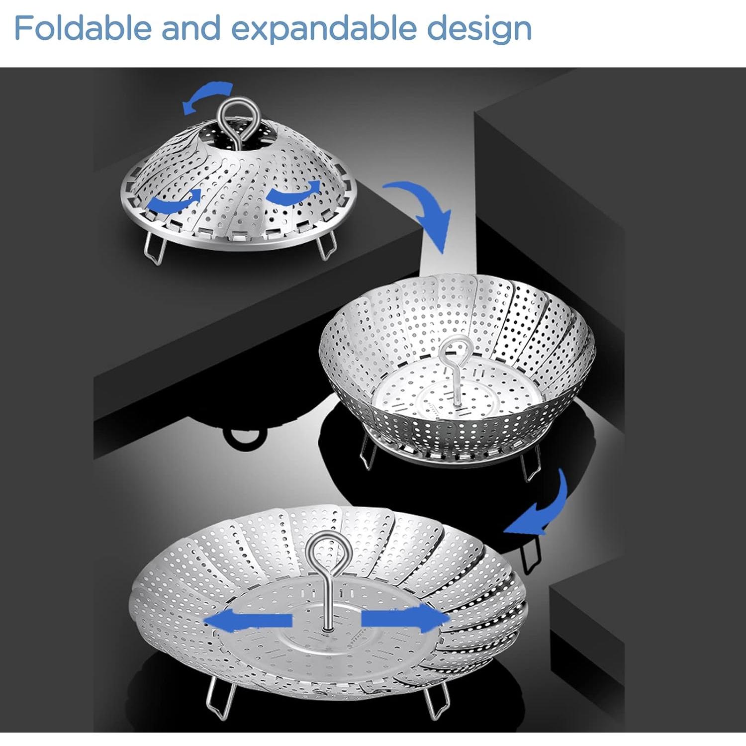 Vegetable Steamer Basket, 304 Stainless Steel Steamer for Cooking, Expendable Food Steamer to Fit Various Size Pot (5.7" to 9" + 7.3" Kitchen Tong)