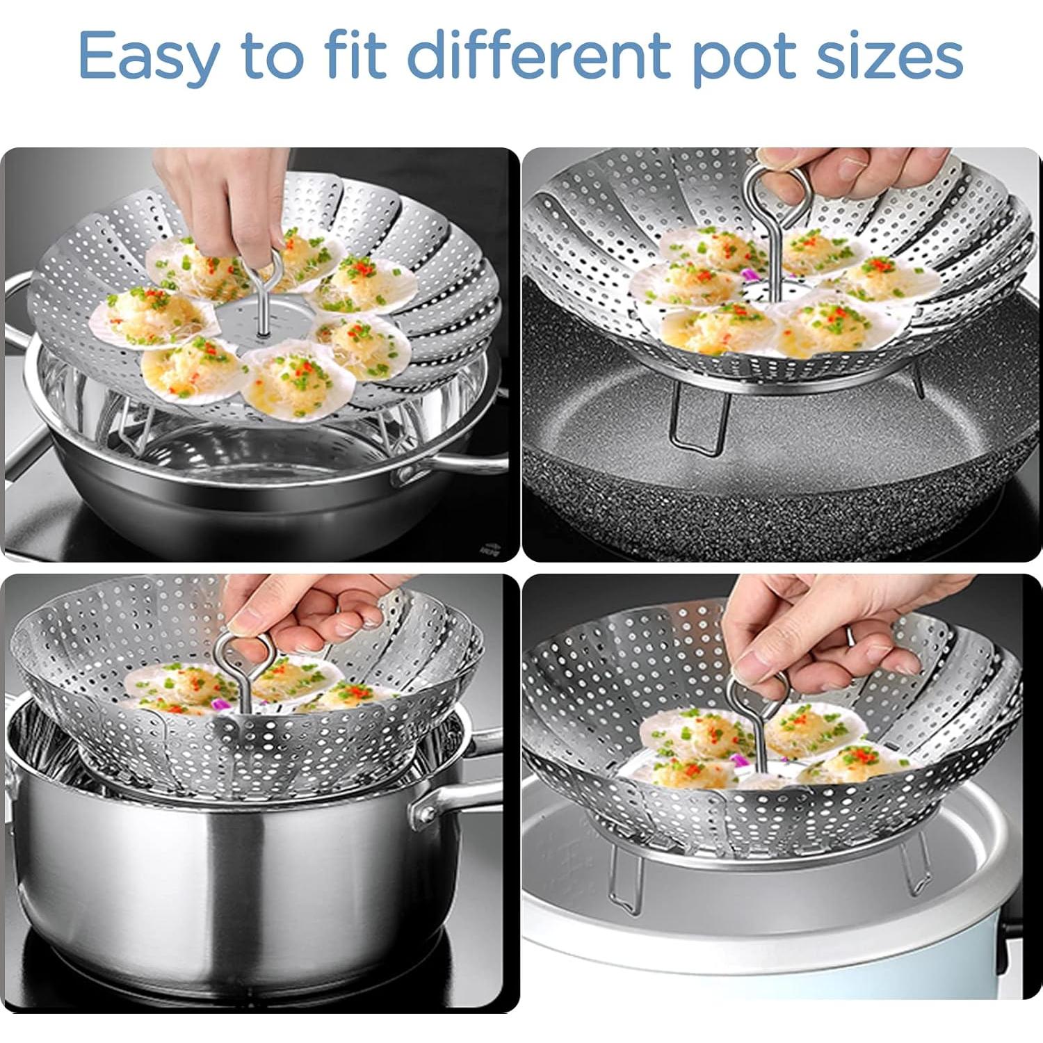Vegetable Steamer Basket, 304 Stainless Steel Steamer for Cooking, Expendable Food Steamer to Fit Various Size Pot (5.7" to 9" + 7.3" Kitchen Tong)