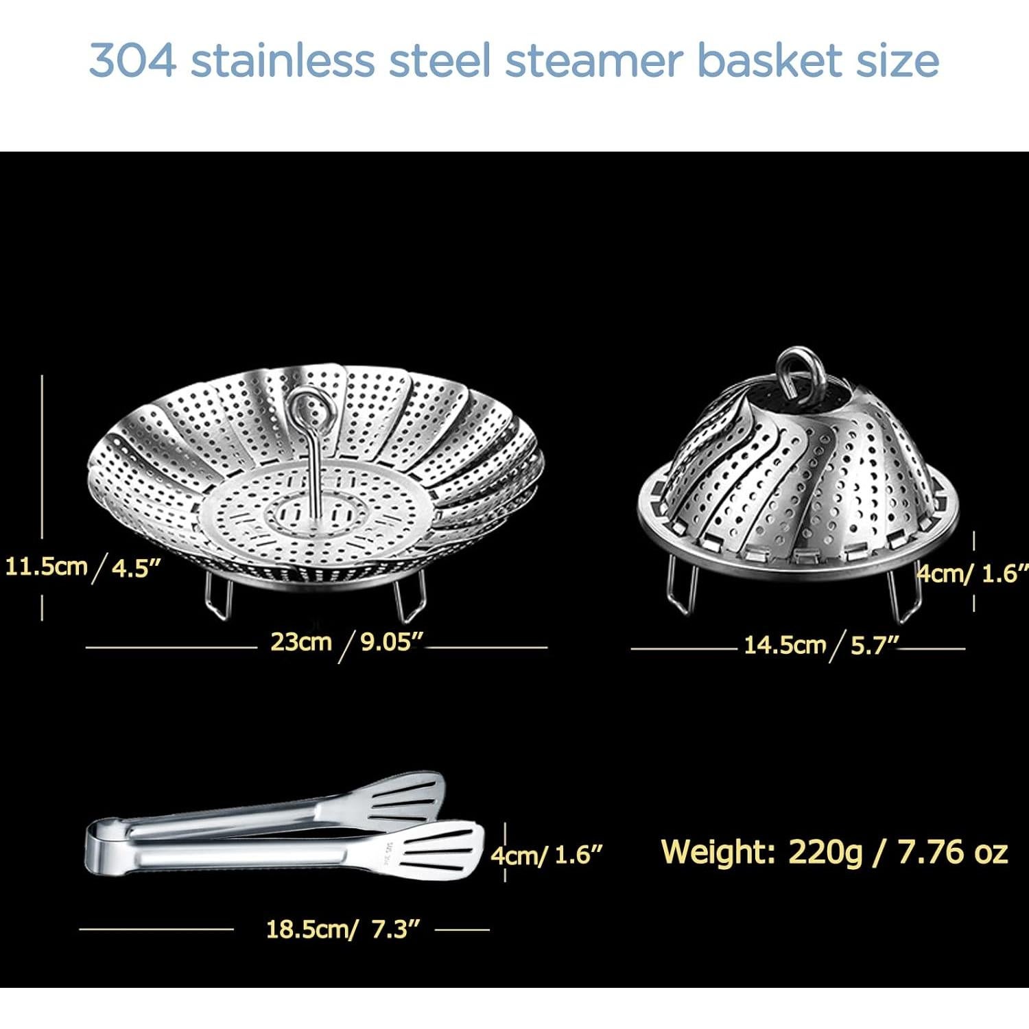 Vegetable Steamer Basket, 304 Stainless Steel Steamer for Cooking, Expendable Food Steamer to Fit Various Size Pot (5.7" to 9" + 7.3" Kitchen Tong)